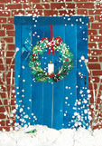 Doppelkarte Weihnachtskranz an der blauen Tür