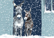 Doppelkarte Esel im winterlichen Stall