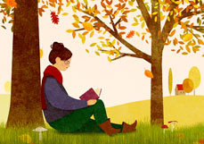 Postkarte Mein Buch, ich und das Herbstlaub