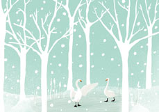 Postkarte Schwäne im Winterwald