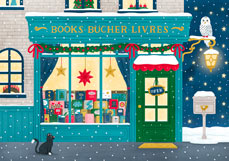 Postkarte Buchhandlung im Weihnachtszauber