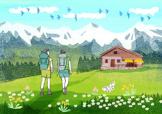 Postkarte Wanderung zur Berghütte