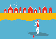 Postkarte SUP an den Strandhäuschen