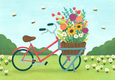 Postkarte Mit dem Fahrrad zur Blumenwiese