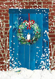 Postkarte Weihnachtskranz an der blauen Tür